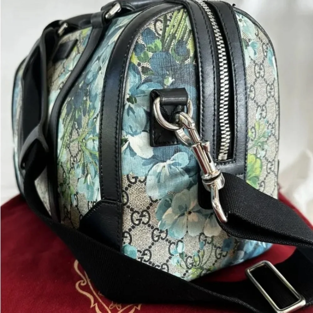 Gucci RARE! Supreme GG Large Signature Blue Blooms on Monogram Boston Satchel